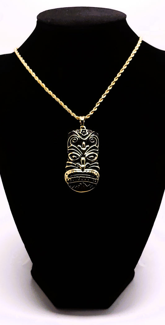 Tiki Necklace with Mask Pendant, 14K Gold Plated