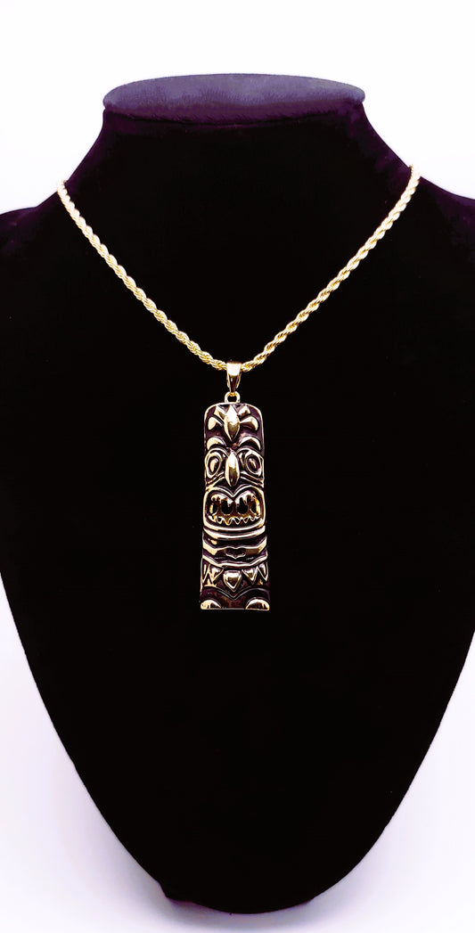 Tiki Necklace and Mask Pendant, 14K Gold Plated