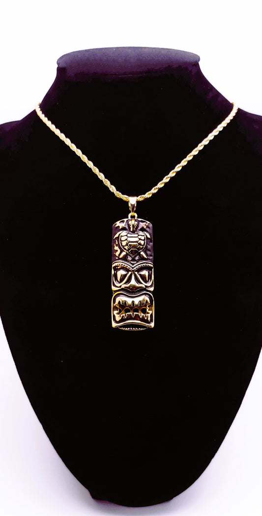 Tiki Necklace and Mask Pendant, 14K Gold Plated