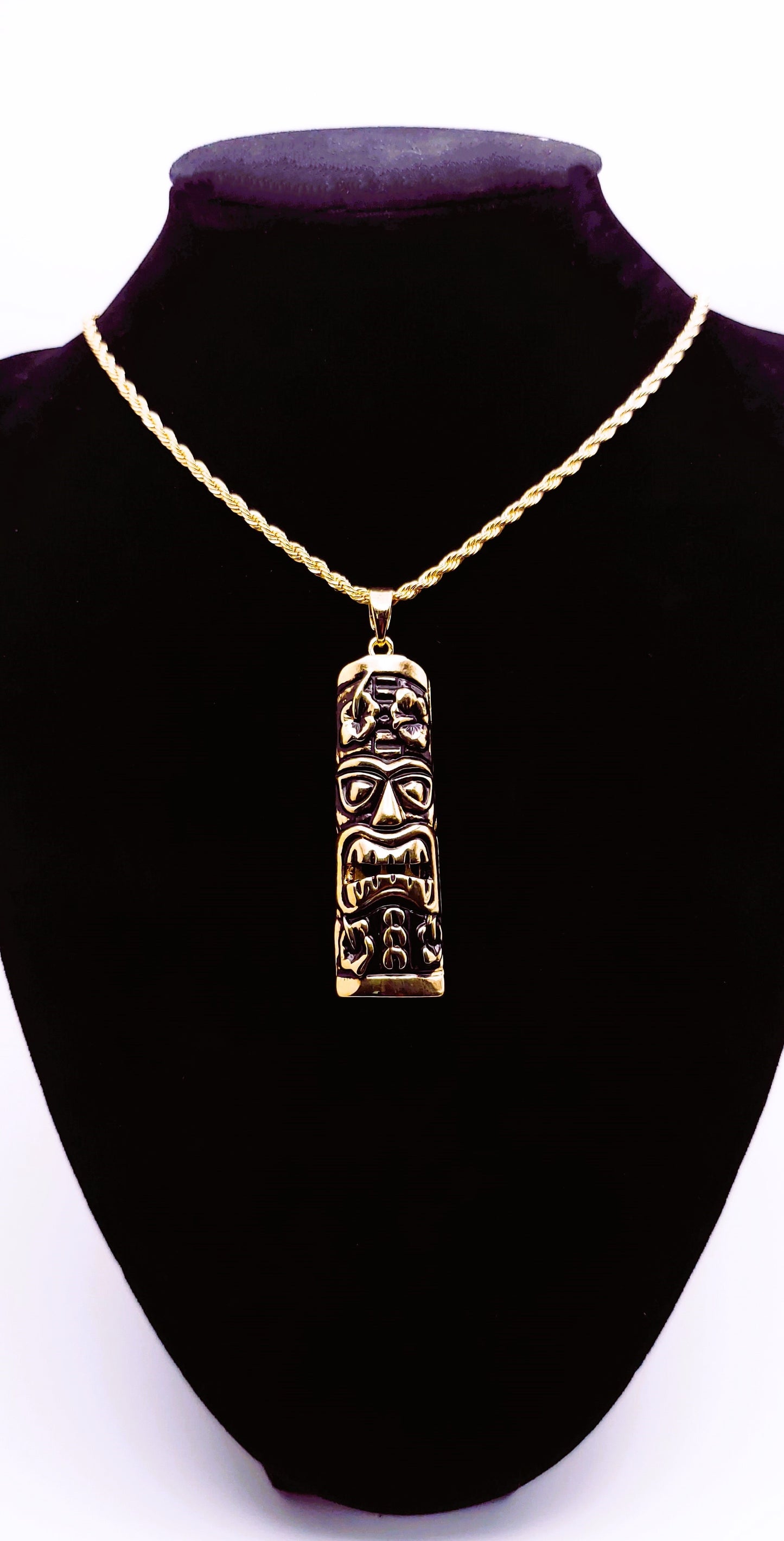 Tiki Necklace and Mask Pendant, 14K Gold Plated