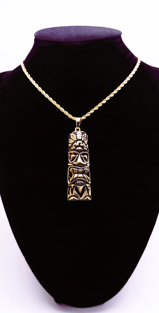 Tiki Necklace and Mask Pendant, 14K Gold Plated